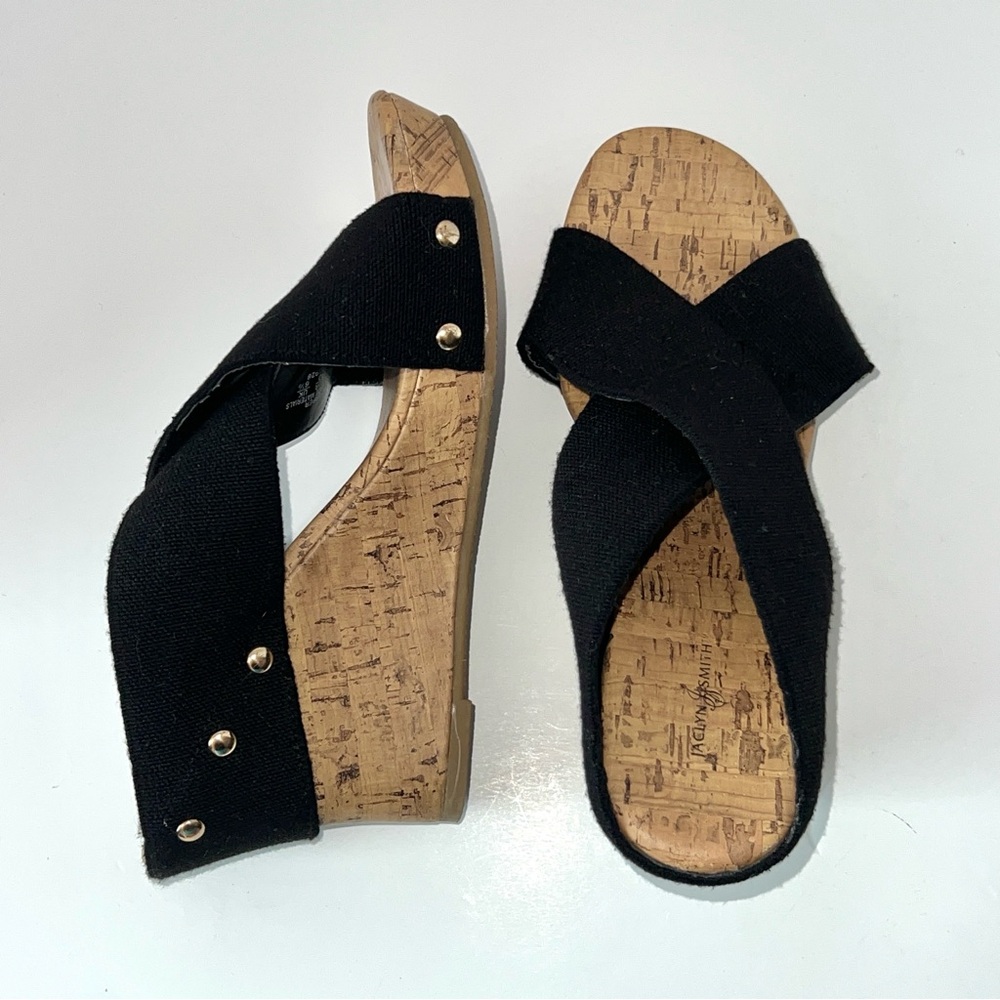 JACLYN SMITH Women's ATALIA Elastic Black Wedge Cork Heel Fabric Sandals Sz 8‎